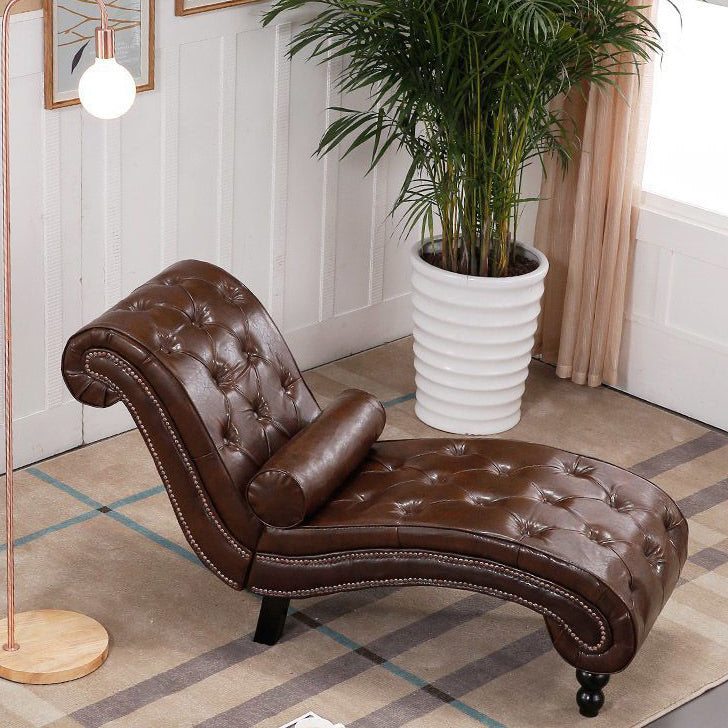 Chaise longue incurvée traditionnelle européenne en bois, velours et cuir avec dossier pour salon et chambre 