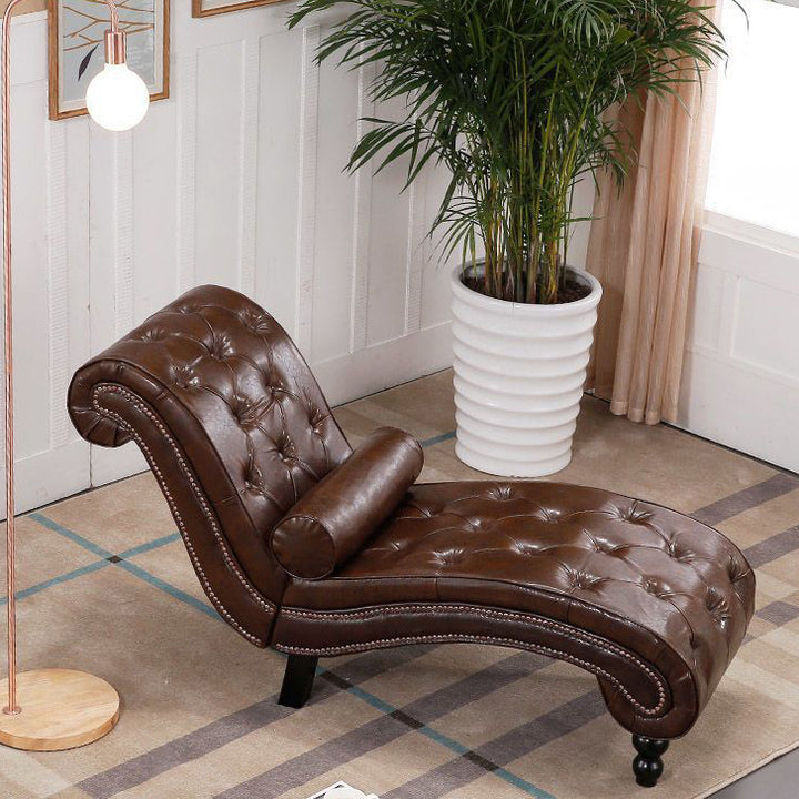 Chaise longue incurvée traditionnelle européenne en bois, velours et cuir avec dossier pour salon et chambre 