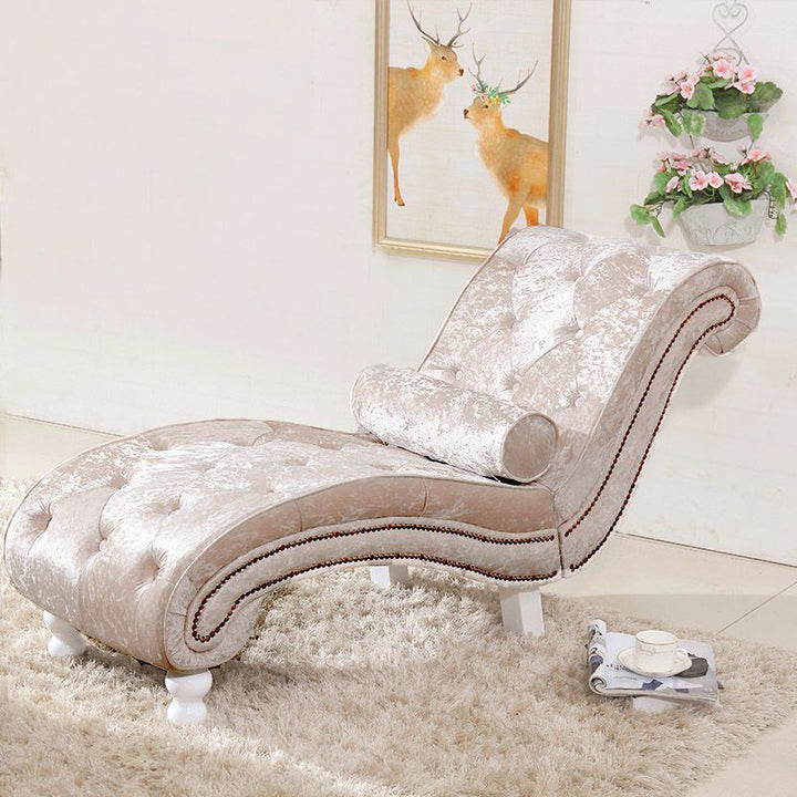 Chaise longue incurvée traditionnelle européenne en bois, velours et cuir avec dossier pour salon et chambre 