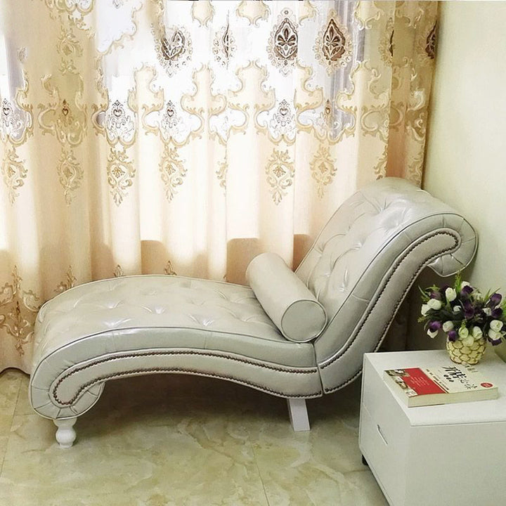 Chaise longue incurvée traditionnelle européenne en bois, velours et cuir avec dossier pour salon et chambre 