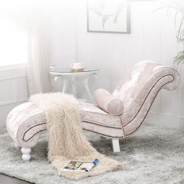 Chaise longue incurvée traditionnelle européenne en bois, velours et cuir avec dossier pour salon et chambre 