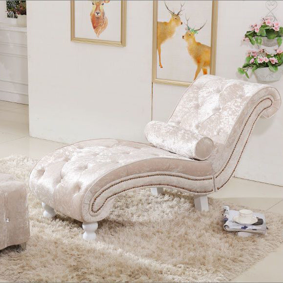 Chaise longue incurvée traditionnelle européenne en bois, velours et cuir avec dossier pour salon et chambre 