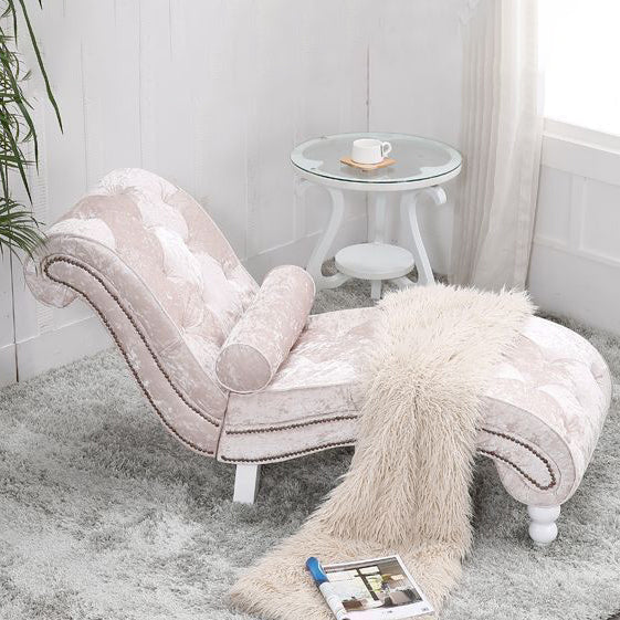 Chaise longue incurvée traditionnelle européenne en bois, velours et cuir avec dossier pour salon et chambre 