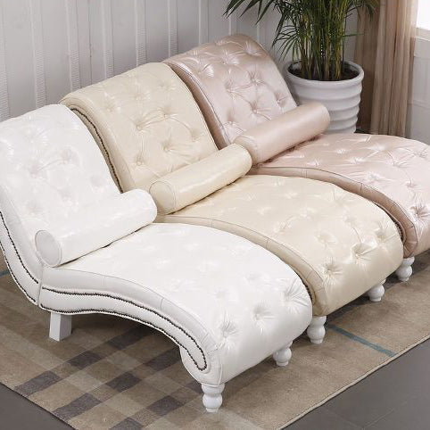 Chaise longue incurvée traditionnelle européenne en bois, velours et cuir avec dossier pour salon et chambre 