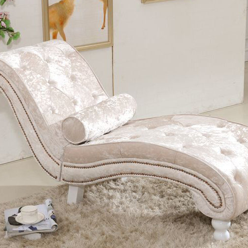 Chaise longue incurvée traditionnelle européenne en bois, velours et cuir avec dossier pour salon et chambre 