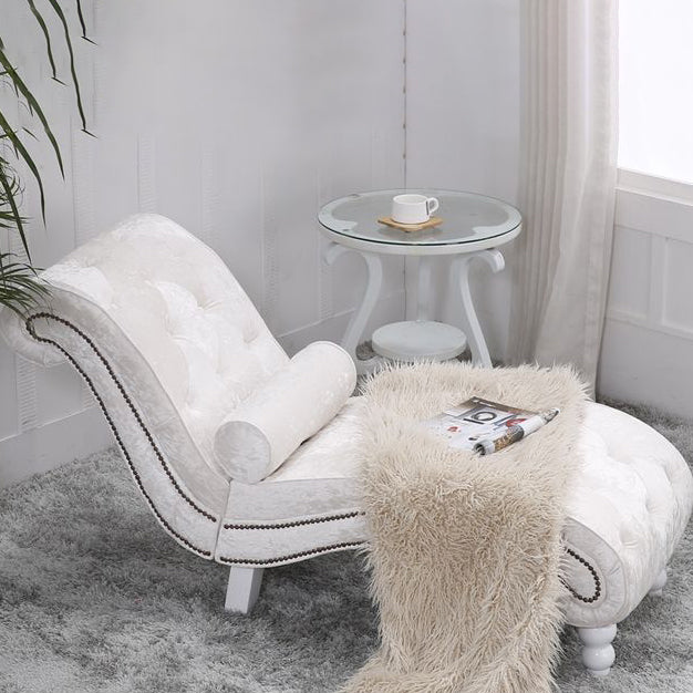 Chaise longue incurvée traditionnelle européenne en bois, velours et cuir avec dossier pour salon et chambre 