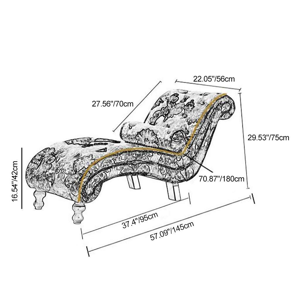 Chaise longue incurvée traditionnelle européenne en bois, velours et cuir avec dossier pour salon et chambre 