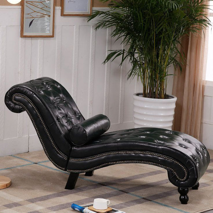 Chaise longue incurvée traditionnelle européenne en bois, velours et cuir avec dossier pour salon et chambre 