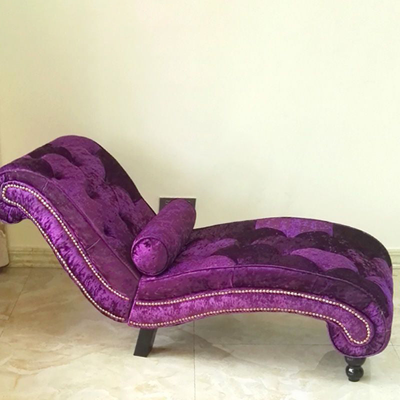 Chaise longue incurvée traditionnelle européenne en bois, velours et cuir avec dossier pour salon et chambre 