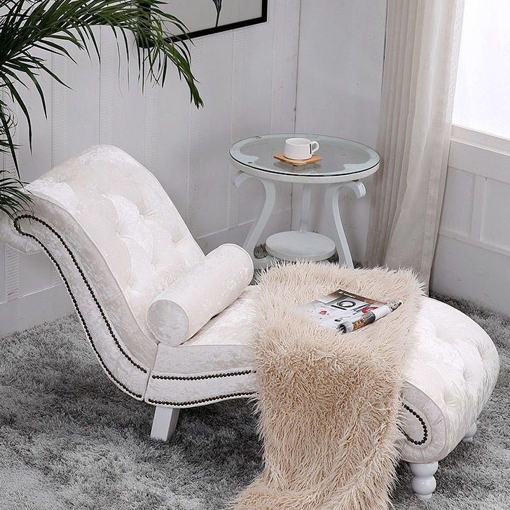 Chaise longue incurvée traditionnelle européenne en bois, velours et cuir avec dossier pour salon et chambre 