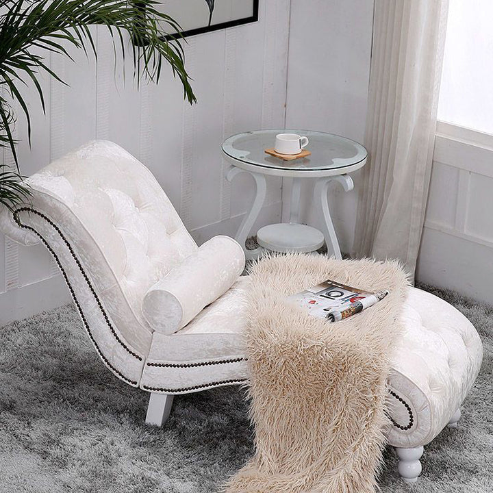 Chaise longue incurvée traditionnelle européenne en bois, velours et cuir avec dossier pour salon et chambre 