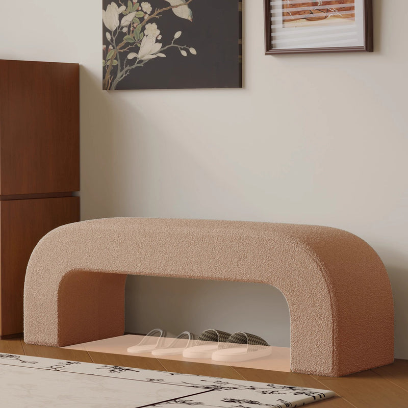 Modern Minimalist Wood Lambswool And Leather Rectangular Bench For Entryway And Living Room