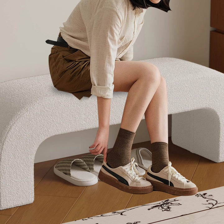 Moderner minimalistischer rechteckiger Hocker aus Holz, Sherpa-Stoff und PU-Leder für Eingangsbereich und Wohnzimmer 