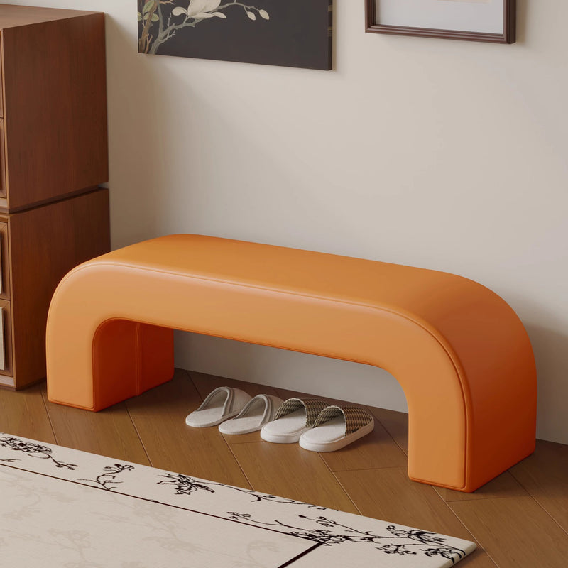 Modern Minimalist Wood Lambswool And Leather Rectangular Bench For Entryway And Living Room