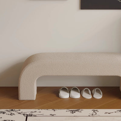 Modern Minimalist Wood Lambswool And Leather Rectangular Bench For Entryway And Living Room