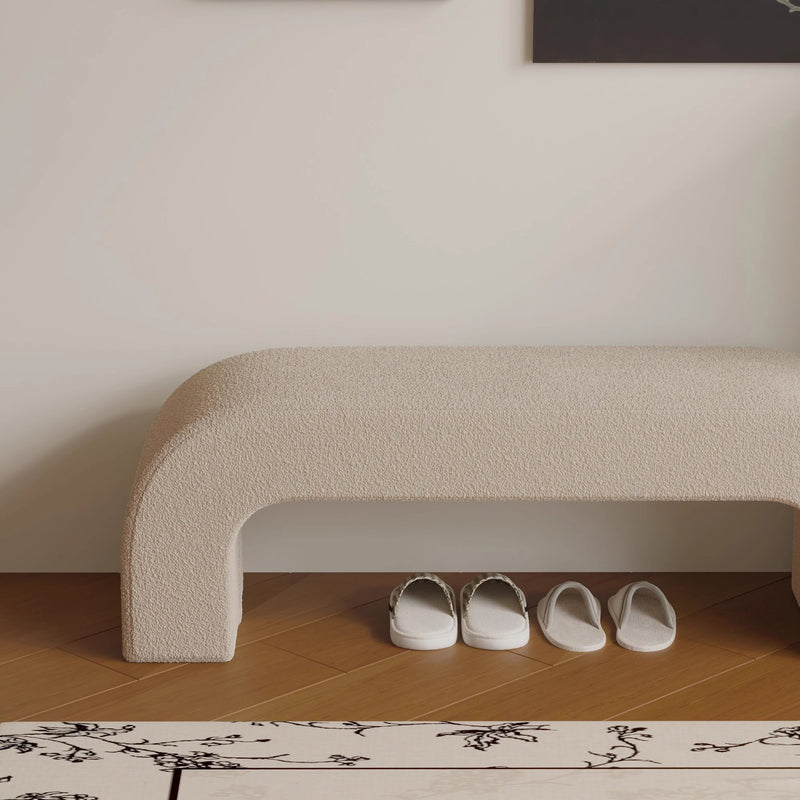 Modern Minimalist Wood Lambswool And Leather Rectangular Bench For Entryway And Living Room