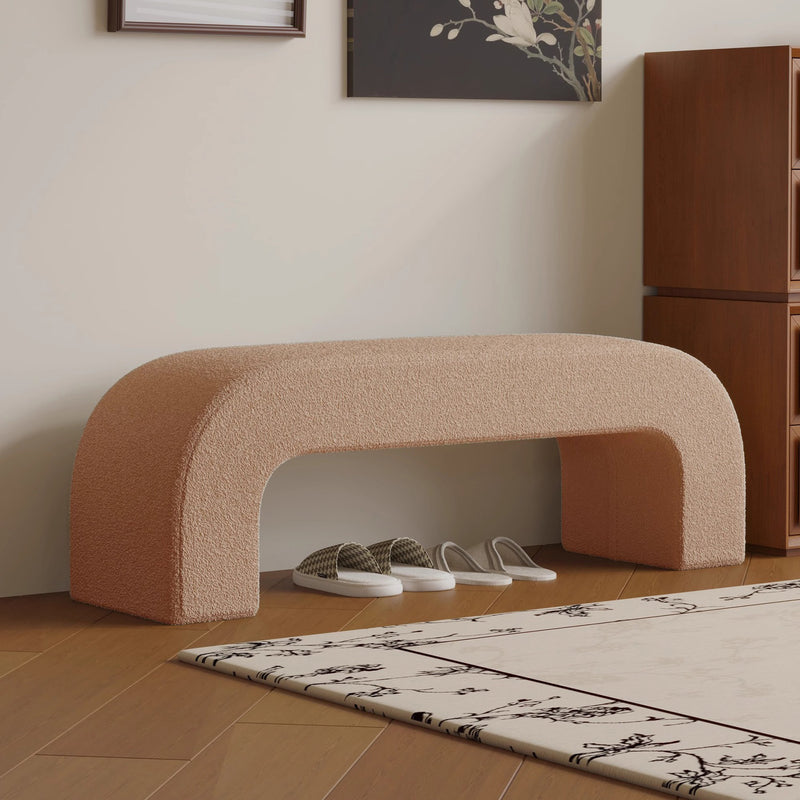 Modern Minimalist Wood Lambswool And Leather Rectangular Bench For Entryway And Living Room
