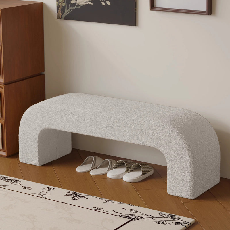 Modern Minimalist Wood Lambswool And Leather Rectangular Bench For Entryway And Living Room