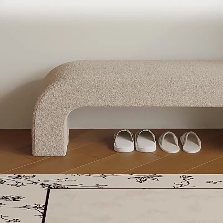 Modern Minimalist Wood Lambswool And Leather Rectangular Bench For Entryway And Living Room