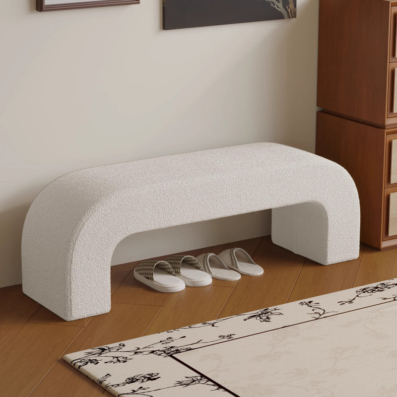 Modern Minimalist Wood Lambswool And Leather Rectangular Bench For Entryway And Living Room