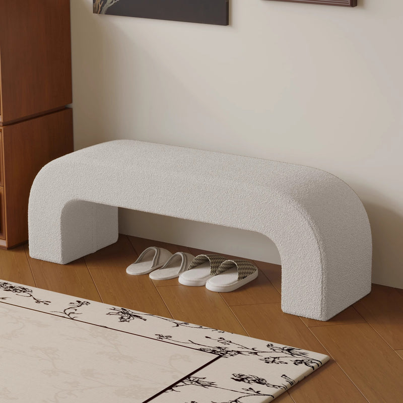 Modern Minimalist Wood Lambswool And Leather Rectangular Bench For Entryway And Living Room