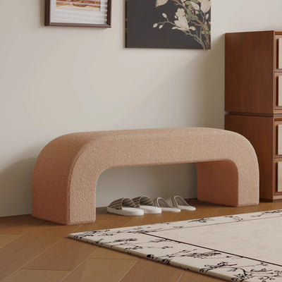 Modern Minimalist Wood Lambswool And Leather Rectangular Bench For Entryway And Living Room