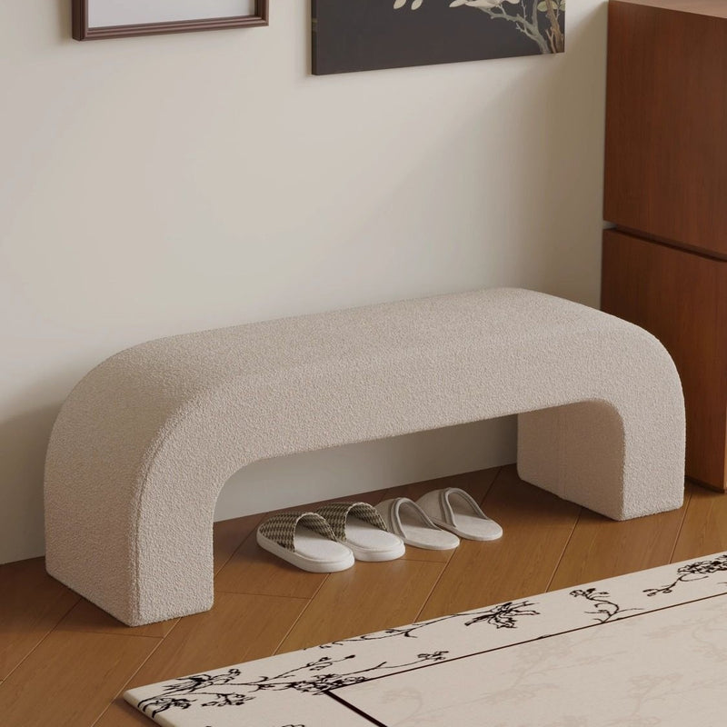 Modern Minimalist Wood Lambswool And Leather Rectangular Bench For Entryway And Living Room