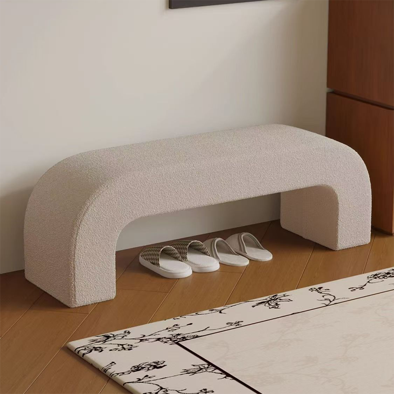 Modern Minimalist Wood Lambswool And Leather Rectangular Bench For Entryway And Living Room