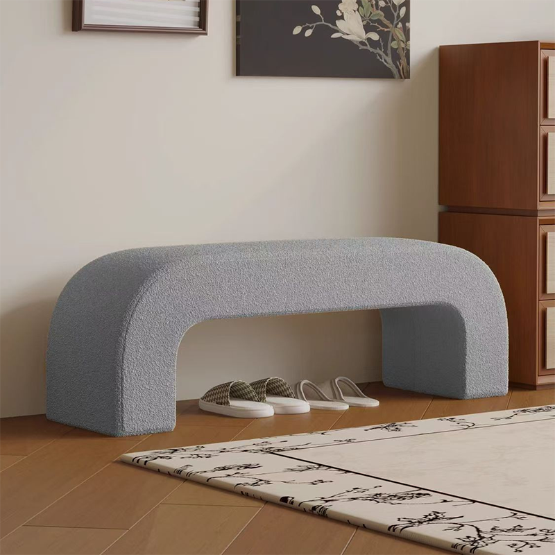 Modern Minimalist Wood Lambswool And Leather Rectangular Bench For Entryway And Living Room