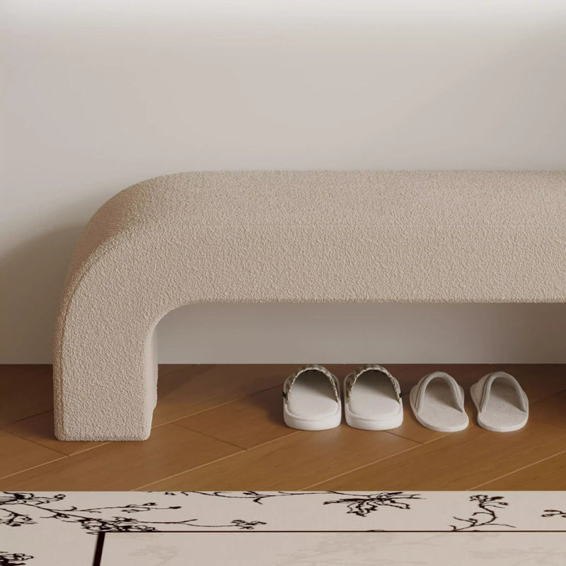 Modern Minimalist Wood Lambswool And Leather Rectangular Bench For Entryway And Living Room