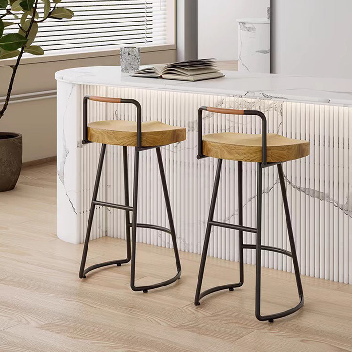 Taburete cuadrado de bar de madera de pino estilo farmhouse tradicional con respaldo y reposapiés para cocina y bar 