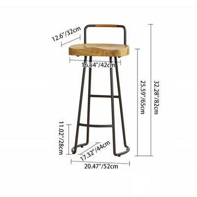 Traditioneller Bauernhaus Barhocker aus massivem Holz & Eisen mit Rückenlehne & Fußstütze für Küche & Bar 