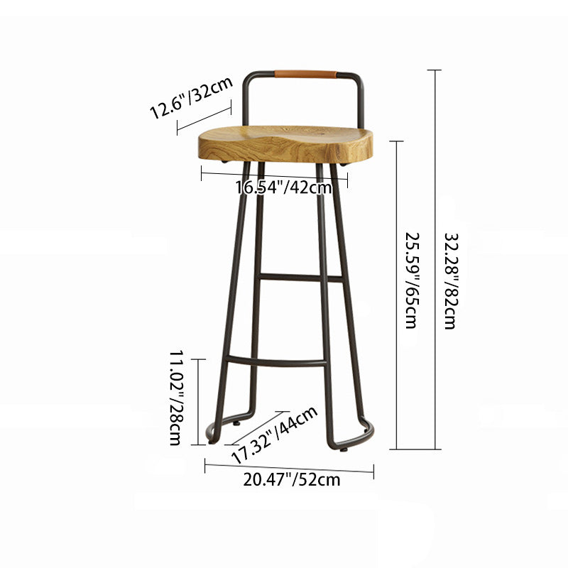 Traditioneller Bauernhaus Barhocker aus massivem Holz & Eisen mit Rückenlehne & Fußstütze für Küche & Bar 