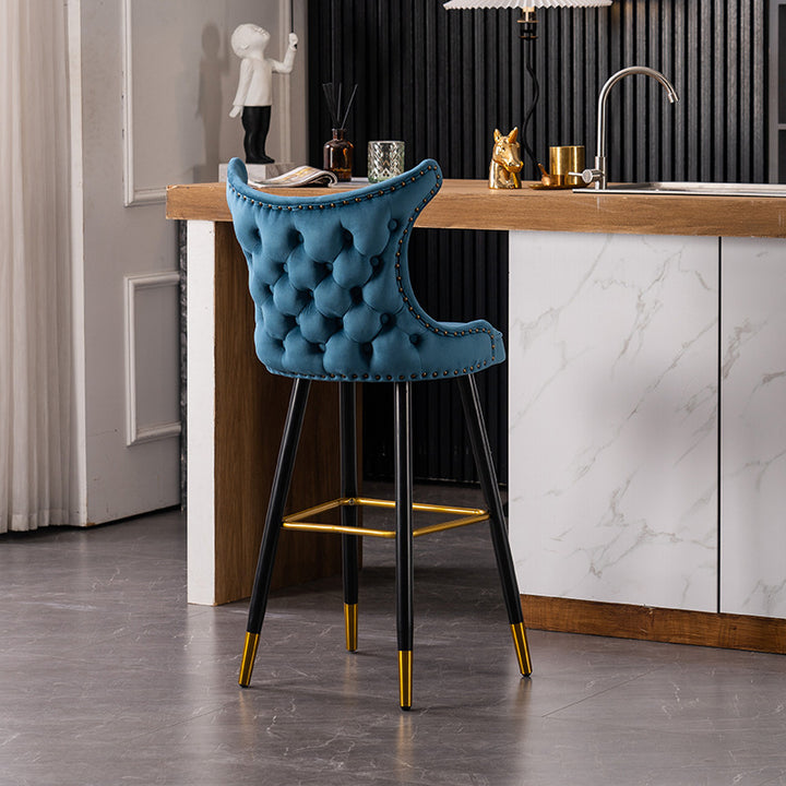 Modern Luxury Synthetic Fabric &amp; Velvet Iron Wingback Nailhead Trim Bar Stool Backrest &amp; Footrest For Kitchen &amp; Bar