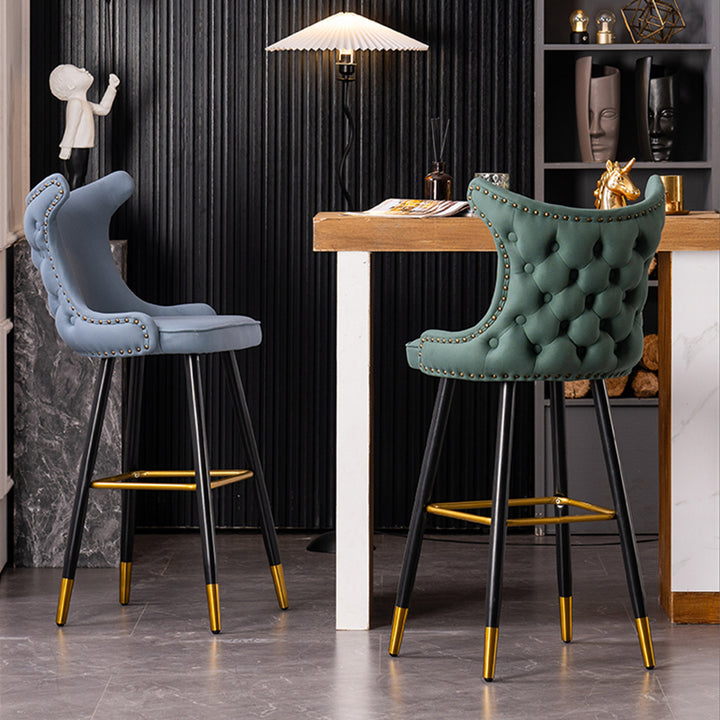 Modern Luxury Synthetic Fabric &amp; Velvet Iron Wingback Nailhead Trim Bar Stool Backrest &amp; Footrest For Kitchen &amp; Bar