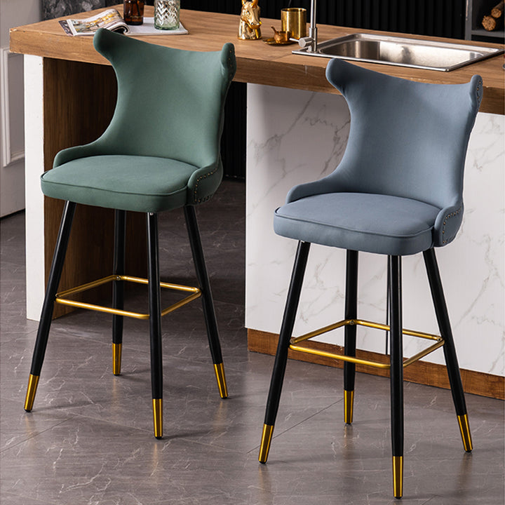 Modern Luxury Synthetic Fabric &amp; Velvet Iron Wingback Nailhead Trim Bar Stool Backrest &amp; Footrest For Kitchen &amp; Bar