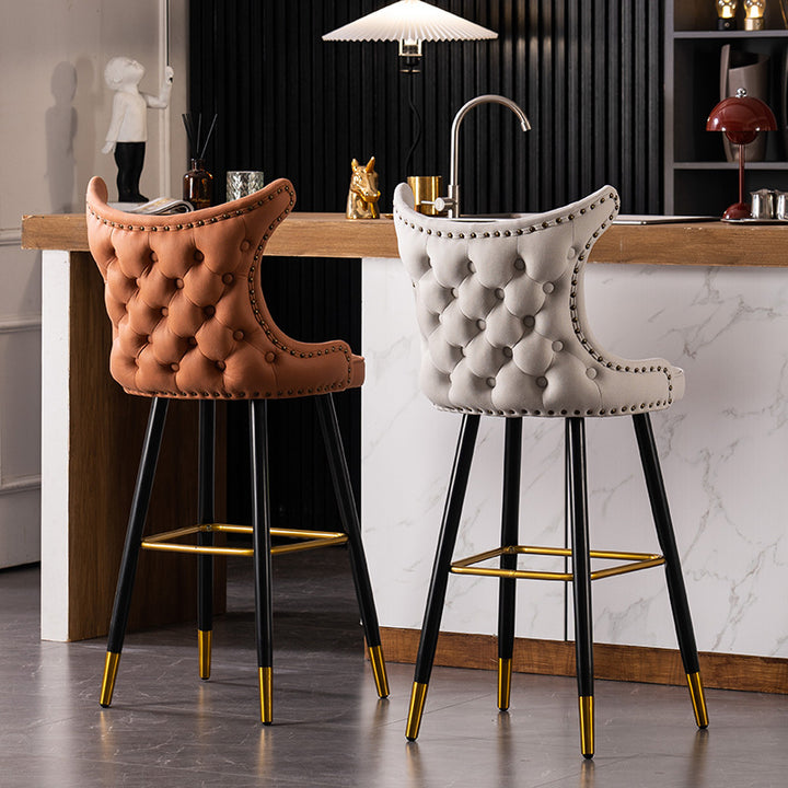 Modern Luxury Synthetic Fabric &amp; Velvet Iron Wingback Nailhead Trim Bar Stool Backrest &amp; Footrest For Kitchen &amp; Bar