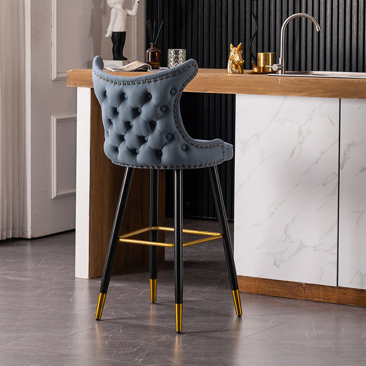 Modern Luxury Synthetic Fabric &amp; Velvet Iron Wingback Nailhead Trim Bar Stool Backrest &amp; Footrest For Kitchen &amp; Bar