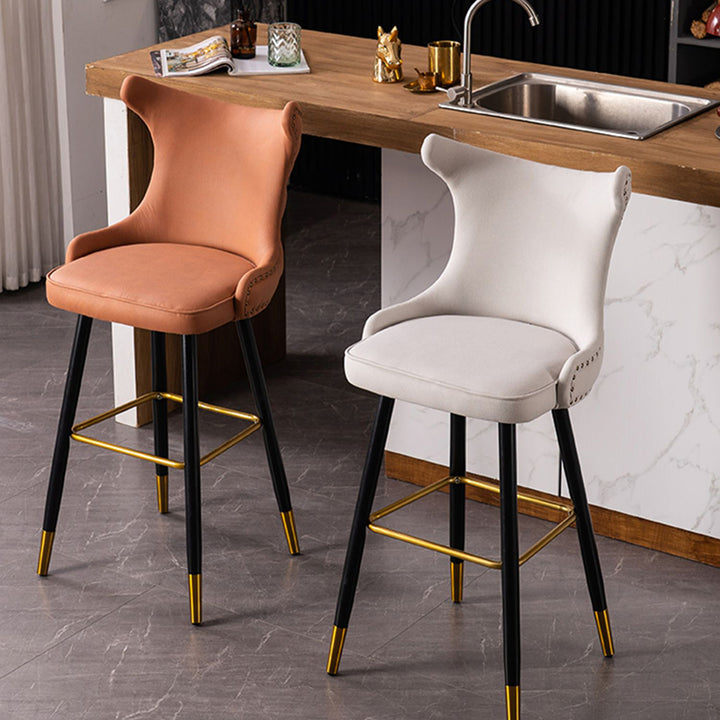 Modern Luxury Synthetic Fabric &amp; Velvet Iron Wingback Nailhead Trim Bar Stool Backrest &amp; Footrest For Kitchen &amp; Bar