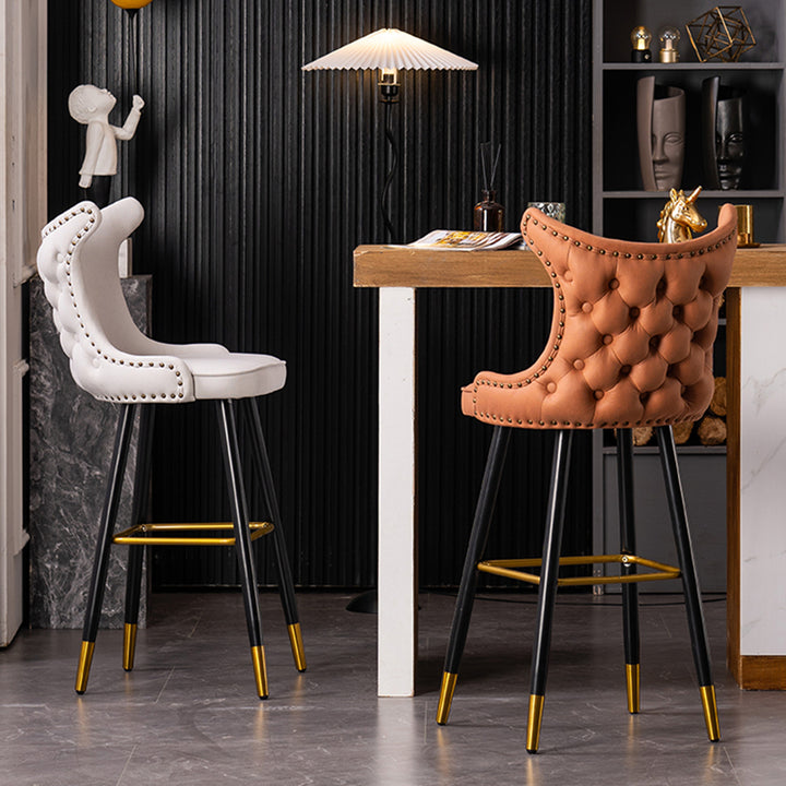 Modern Luxury Synthetic Fabric &amp; Velvet Iron Wingback Nailhead Trim Bar Stool Backrest &amp; Footrest For Kitchen &amp; Bar