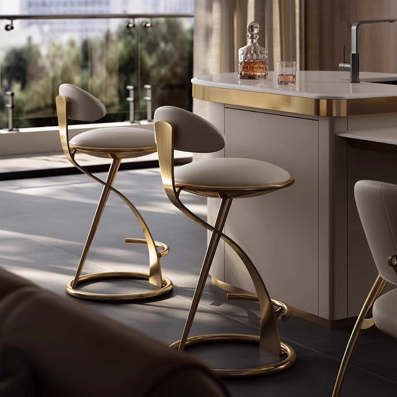 Modern Luxury Microfiber Leather &amp; Stainless Steel Round Bar Stool Backrest &amp; Footrest For Kitchen &amp; Bar