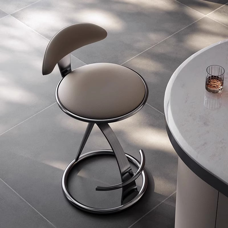 Modern Luxury Microfiber Leather &amp; Stainless Steel Round Bar Stool Backrest &amp; Footrest For Kitchen &amp; Bar