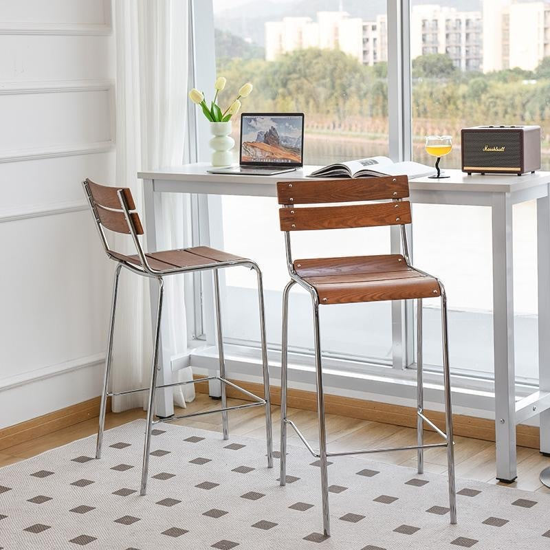 Tabouret de bar carré en bois massif et fer rétro contemporain avec dossier et repose-pieds pour cuisine et comptoir de bar 