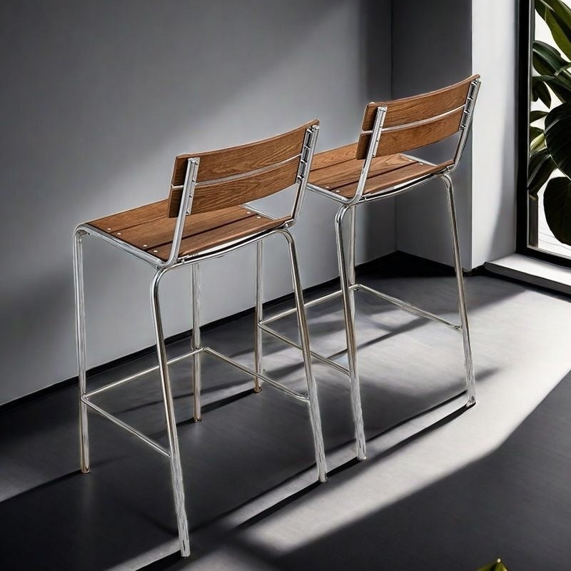 Tabouret de bar carré en bois massif et fer rétro contemporain avec dossier et repose-pieds pour cuisine et comptoir de bar 