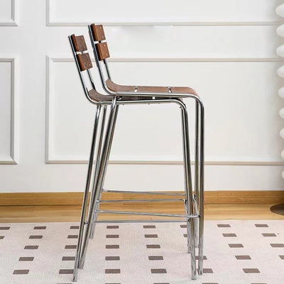 Tabouret de bar carré en bois massif et fer rétro contemporain avec dossier et repose-pieds pour cuisine et comptoir de bar 