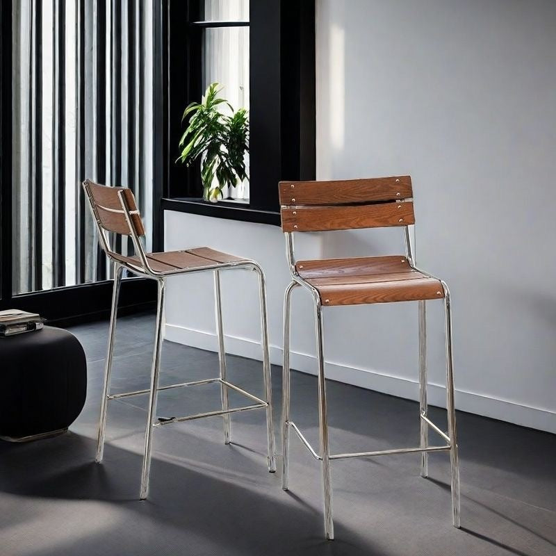 Tabouret de bar carré en bois massif et fer rétro contemporain avec dossier et repose-pieds pour cuisine et comptoir de bar 