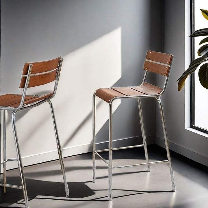 Contemporary Retro Plywood Carbon Steel Square Bar Stool With Backrest & Footrest For Kitchen & Bar Counter