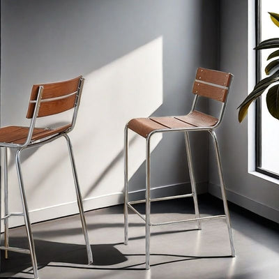 Tabouret de bar carré en bois massif et fer rétro contemporain avec dossier et repose-pieds pour cuisine et comptoir de bar 