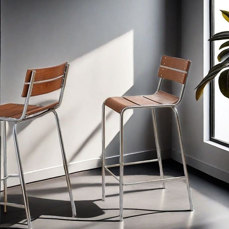 Tabouret de bar carré en bois massif et fer rétro contemporain avec dossier et repose-pieds pour cuisine et comptoir de bar 