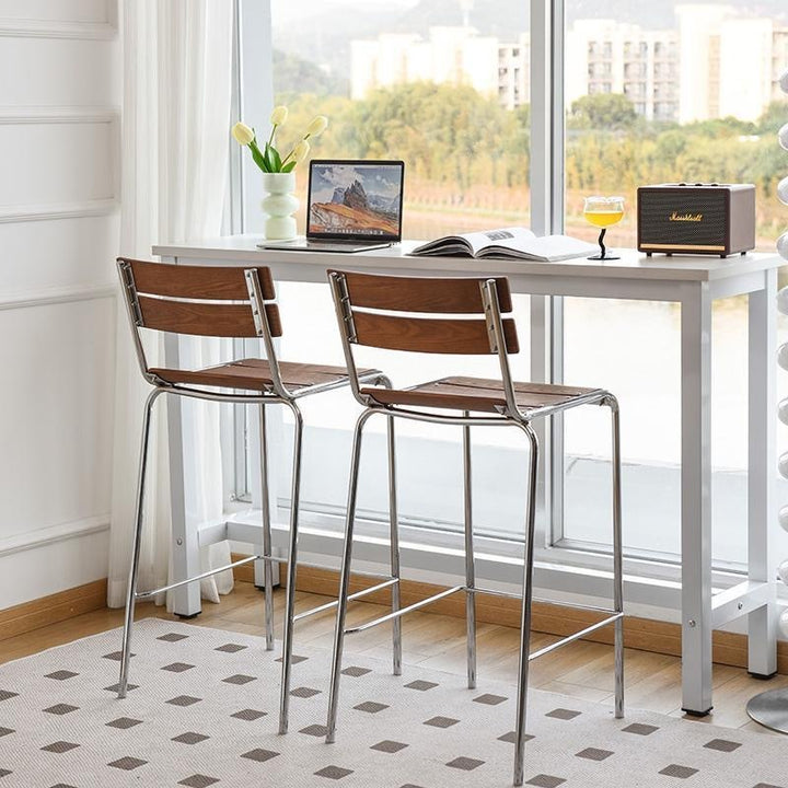 Contemporary Retro Plywood Carbon Steel Square Bar Stool With Backrest & Footrest For Kitchen & Bar Counter